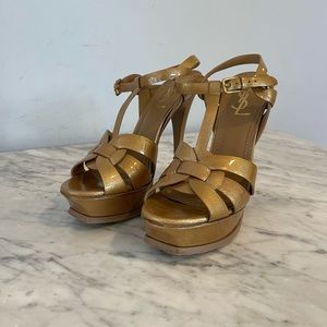 YSL Tribute Platform Sandals, size 39, Gold Patent Leather